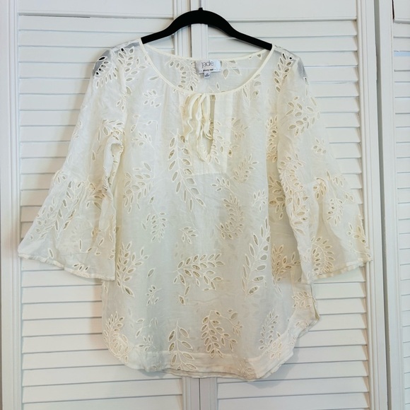 Johnny Was Jade Bianka Cream Lace Eyelet Blouse Silk Cotton Blend XS - Picture 4 of 7